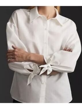 Anthropologie White Button-Front Tie-Cuff Blouse